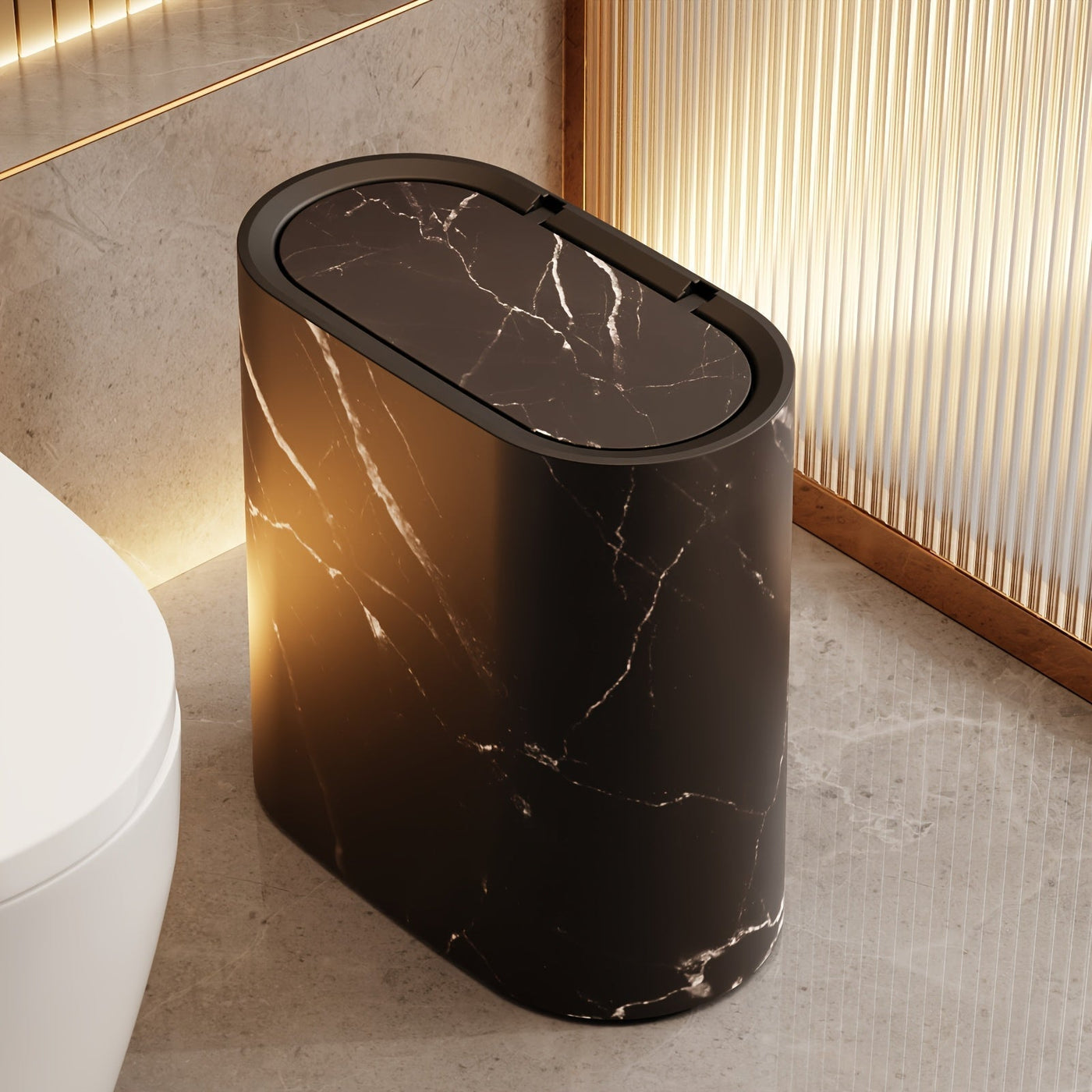 Modern Waste Bin | Slim Oval Trash Can with Covered Lid | Stylish Marble Finish for Compact Spaces 9