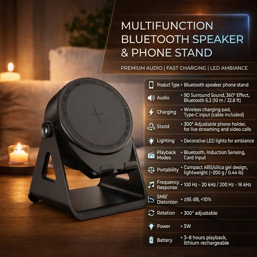 Multifunctional Bluetooth Speaker Phone Stand with Wireless Charging & LED Lights 2