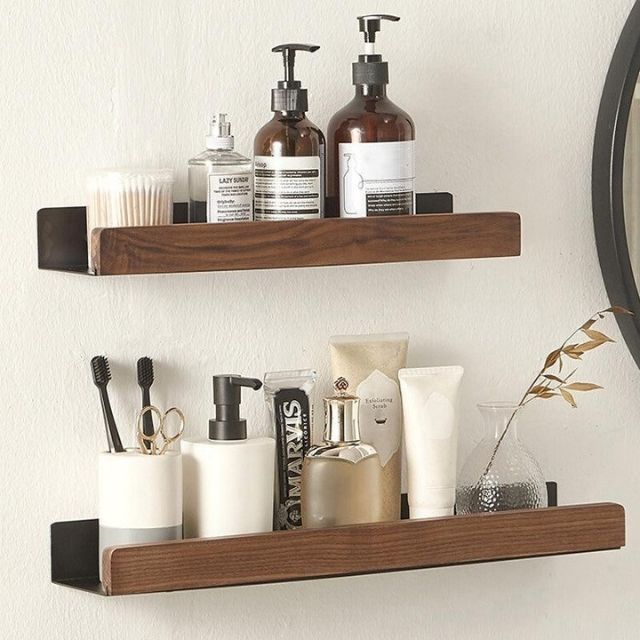 Corner Shelf for Bathroom Storage, Wooden Wall Shelves No Drilling, Rustic Wooden Shelf with Adhesive Mount_02