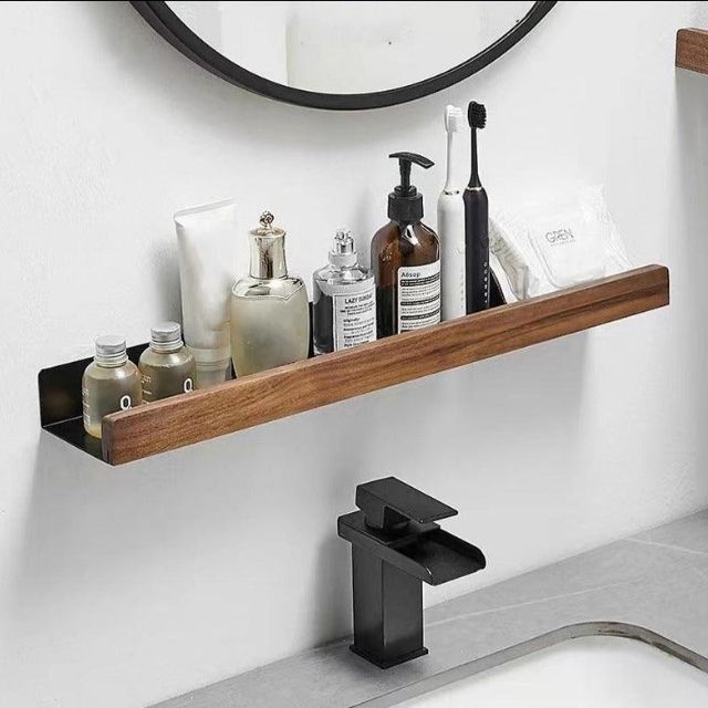 Corner Shelf for Bathroom Storage, Wooden Wall Shelves No Drilling, Rustic Wooden Shelf with Adhesive Mount_03