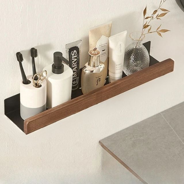 Corner Shelf for Bathroom Storage, Wooden Wall Shelves No Drilling, Rustic Wooden Shelf with Adhesive Mount_04