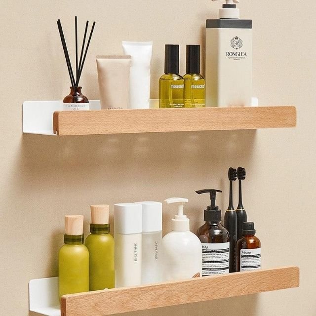Corner Shelf for Bathroom Storage, Wooden Wall Shelves No Drilling, Rustic Wooden Shelf with Adhesive Mount_06