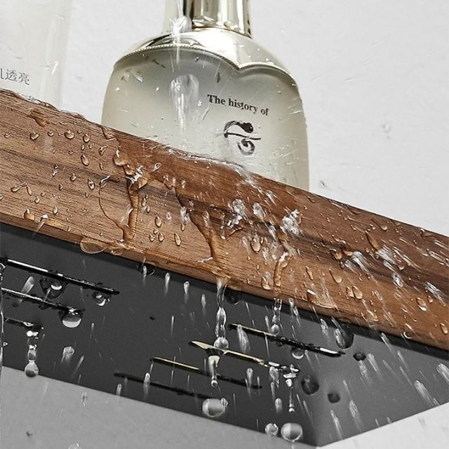 Corner Shelf for Bathroom Storage, Wooden Wall Shelves No Drilling, Rustic Wooden Shelf with Adhesive Mount_08