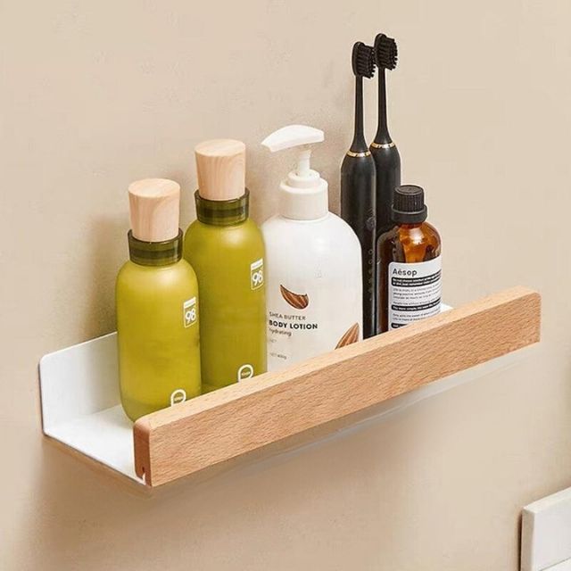 Corner Shelf for Bathroom Storage, Wooden Wall Shelves No Drilling, Rustic Wooden Shelf with Adhesive Mount_09