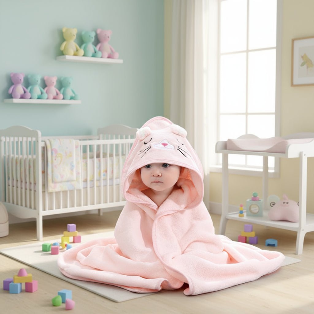 Baby Bath Towel with Hood 80 x 80 cm, Newborn Towel in Velour Cotton, Hooded Baby Towels with Animal Designs