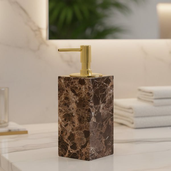 Bathroom Accessories Marble Look, Soap Dispenser, Toothbrush Holder, Soap Dish, Tissue Box, Bathroom Tray in Dark Brown_00