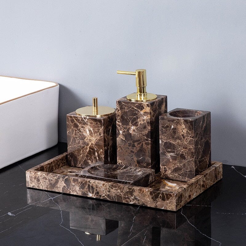 Bathroom Accessories Marble Look, Soap Dispenser, Toothbrush Holder, Soap Dish, Tissue Box, Bathroom Tray in Dark Brown_03