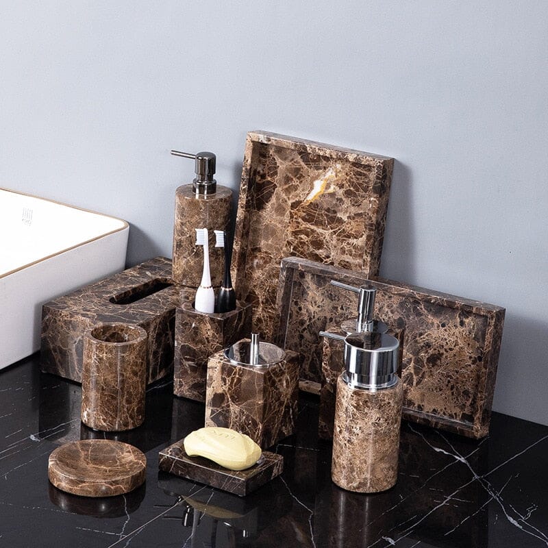 Bathroom Accessories Marble Look, Soap Dispenser, Toothbrush Holder, Soap Dish, Tissue Box, Bathroom Tray in Dark Brown_04