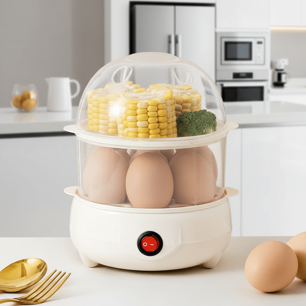 Egg Cooker, Double Layer Egg Boiler, Electric Food Steamer for Vegetables, Boiled Egg Maker with Steam Rack