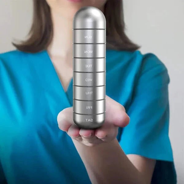 7 Day Pill Box, Aluminium Dosette Box, Weekly Pill Organiser with 7 Compartments, Waterproof Portable Medicine Box