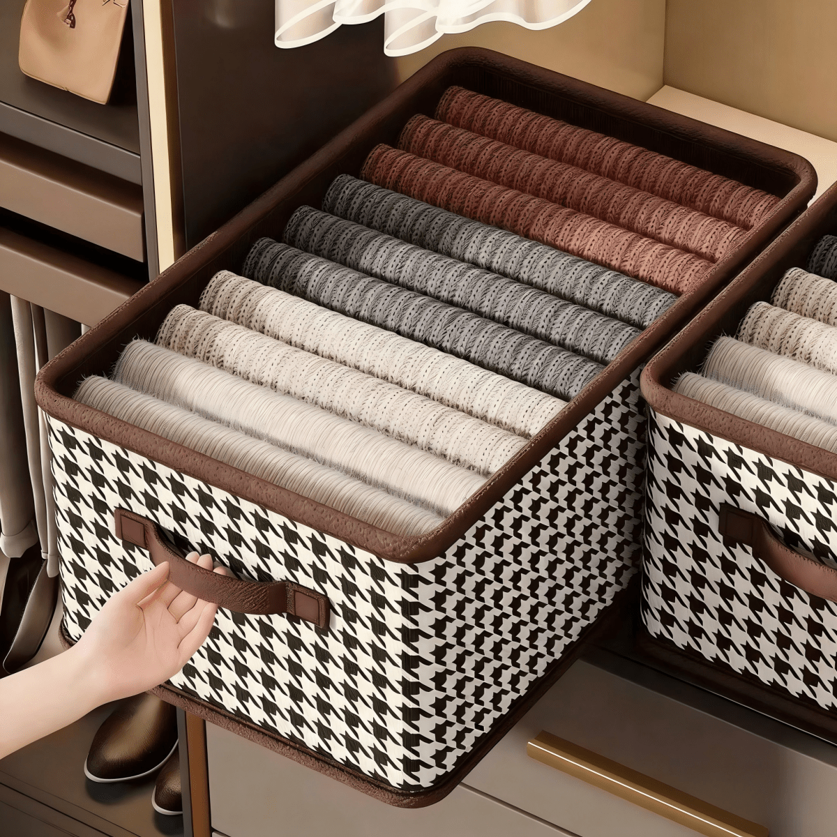 Storage Boxes with Compartments, Houndstooth Fabric Storage Box, Clothes Storage Box, Wardrobe Organiser_01