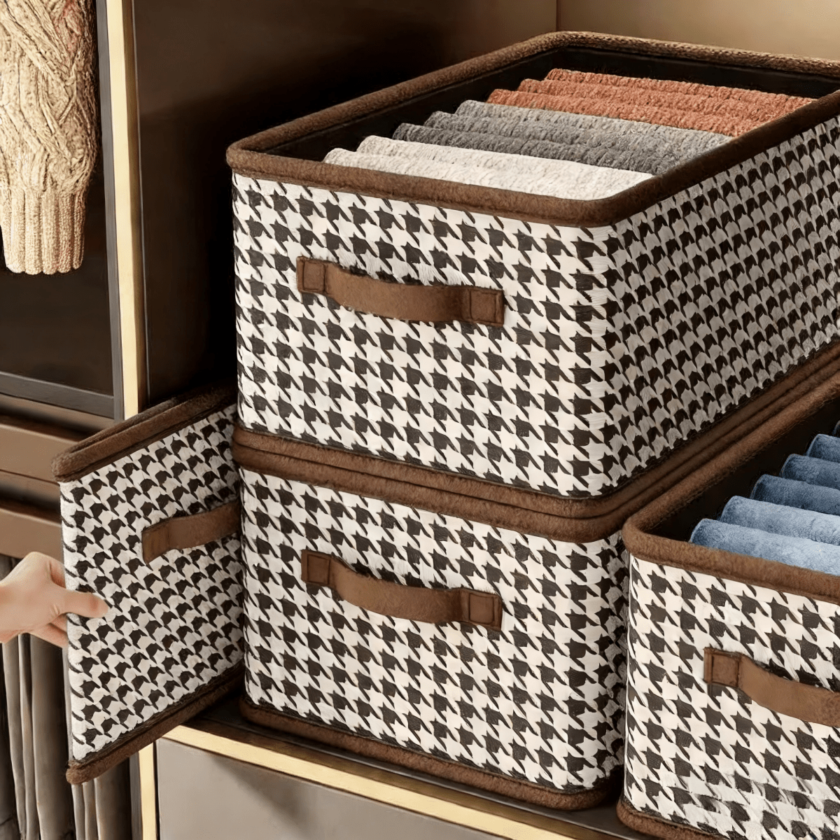 Storage Boxes with Compartments, Houndstooth Fabric Storage Box, Clothes Storage Box, Wardrobe Organiser_02