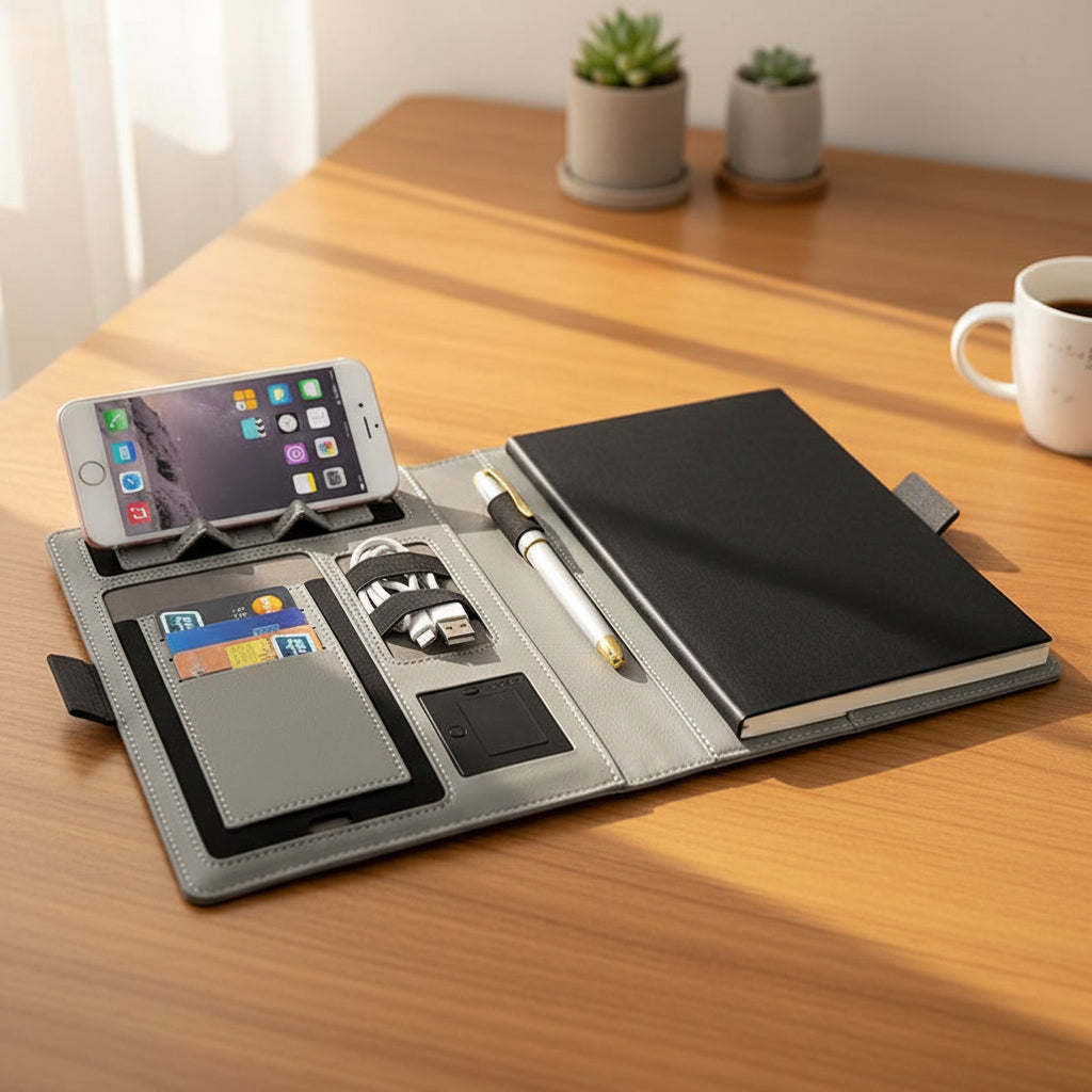 A5 Notebook with Wireless Charging, PU Leather Notebook Cover with Pen Holder, Refillable Notebook, A5 Folder_00
