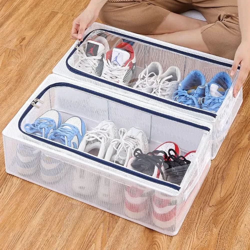 Shoe Storage Boxes, Clear Plastic Shoe Boxes with Ventilation, Stackable Plastic Storage Boxes with Steel Frame
