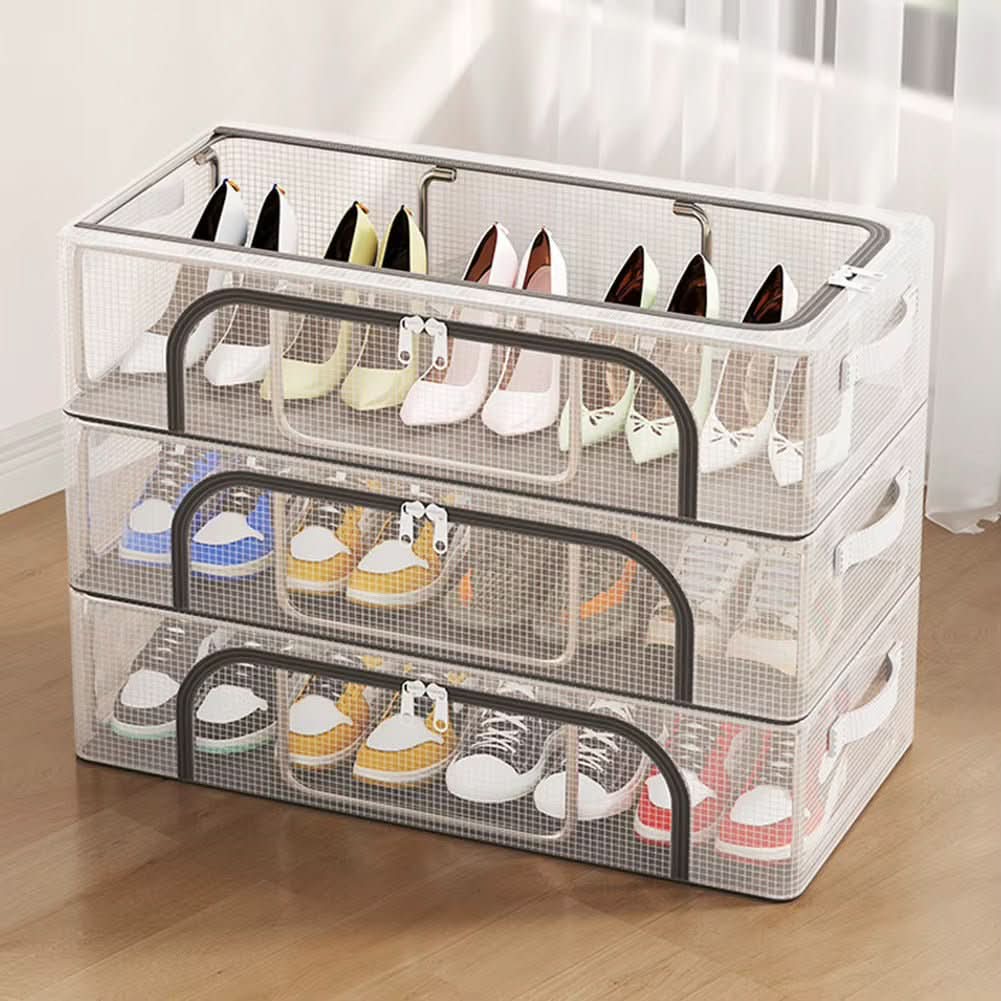 Shoe Storage Boxes, Clear Plastic Shoe Boxes with Ventilation, Stackable Plastic Storage Boxes with Steel Frame