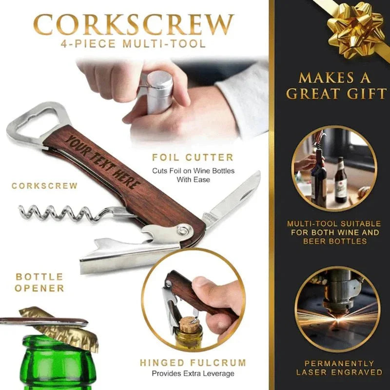 Personalised Bottle Opener 3 in 1 for Wine and Beer, Wooden Wine Bottle Opener with Engraved Name – image 4