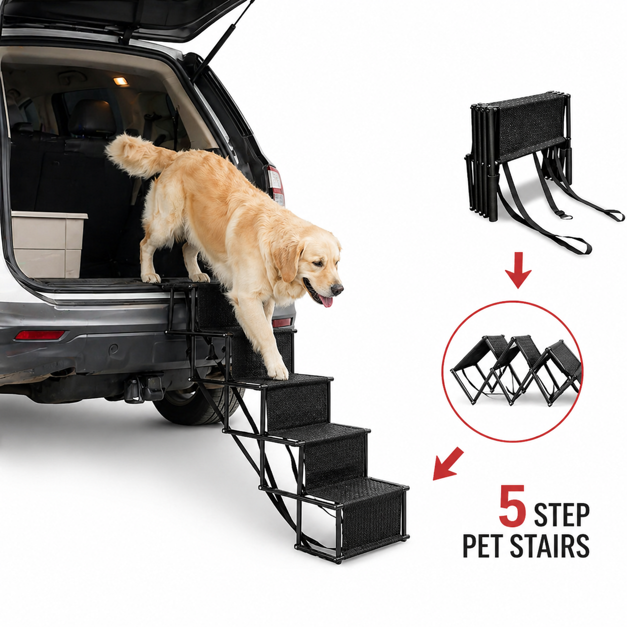 Pet Access | Foldable Dog Steps for Cars with Non-Slip Surface | 5-Step Design for Safe Vehicle Entry