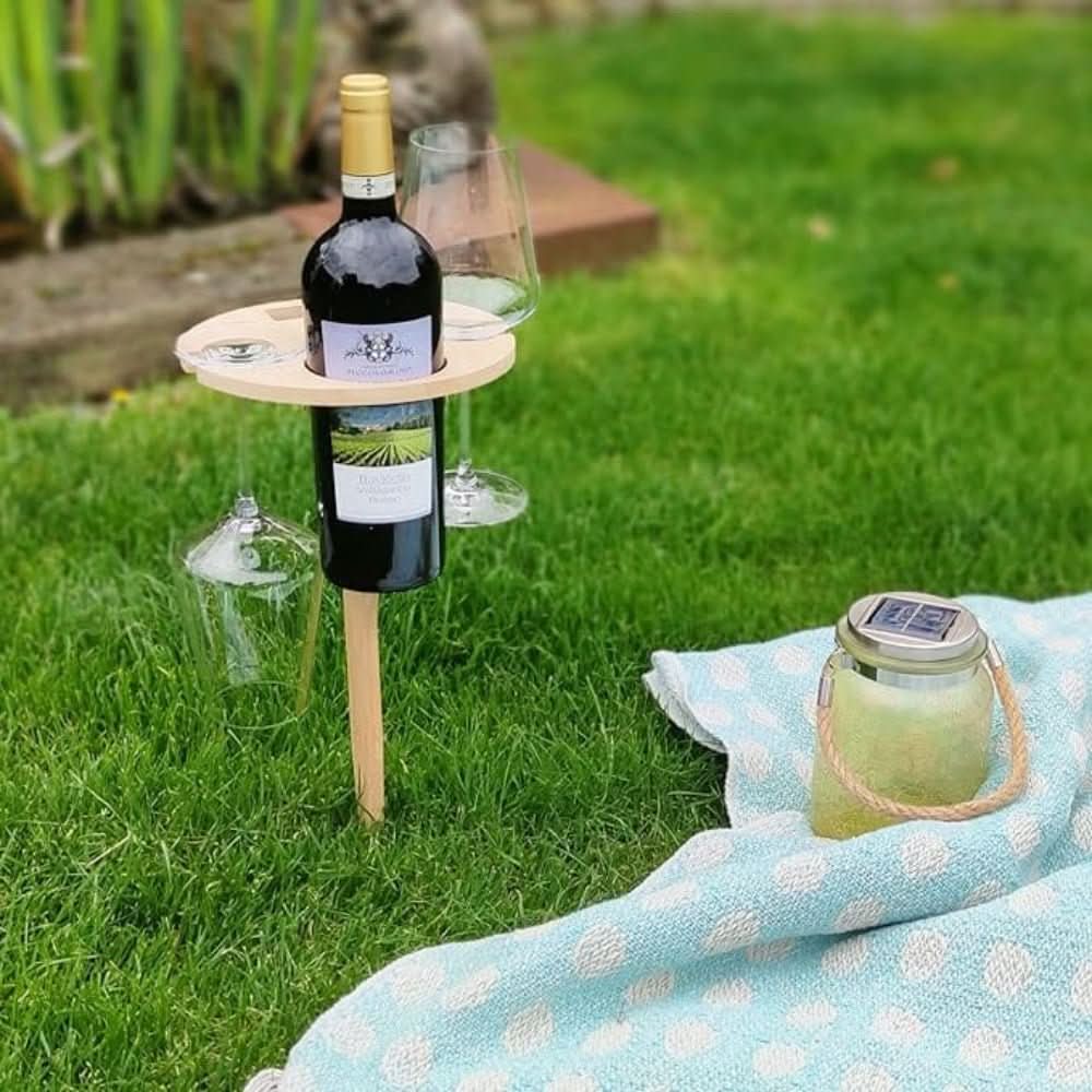 Picnic Table for Wine and Snacks, Portable Wooden Picnic Table with Ground Spike, Wine Glass Holder and Bottle Holder_02
