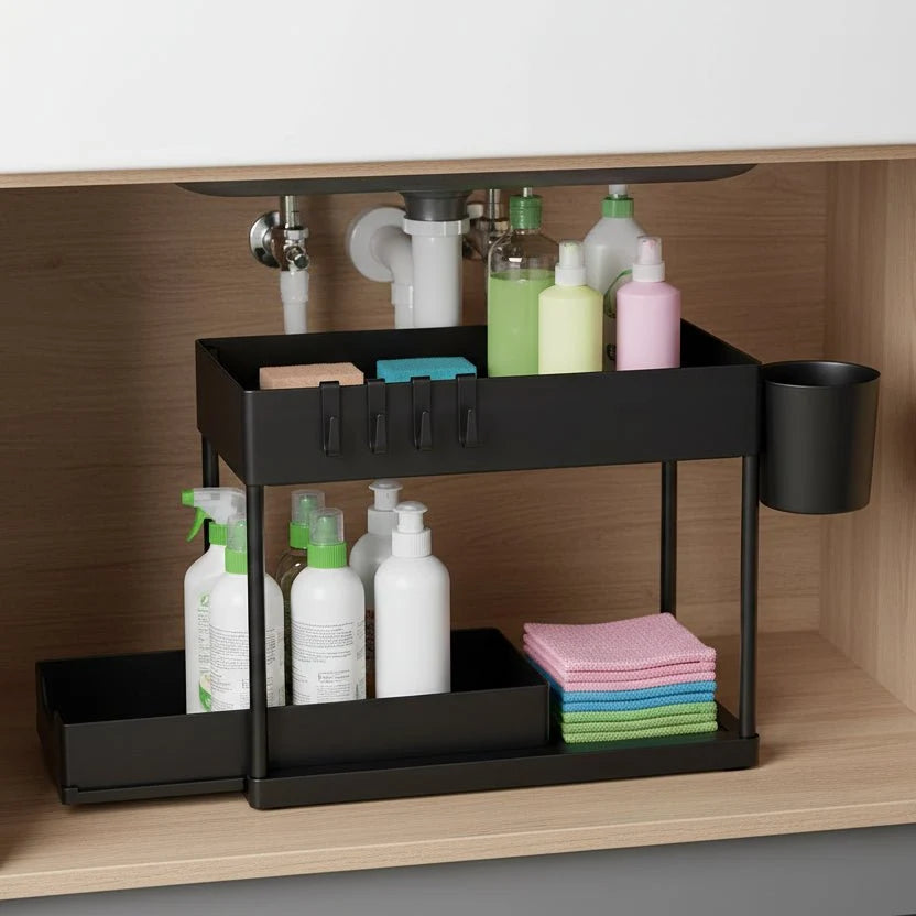 Bathroom Storage Under Sink Organiser, Under Sink Storage for Kitchen, 2 Tier Storage Shelf with Hanging Cup