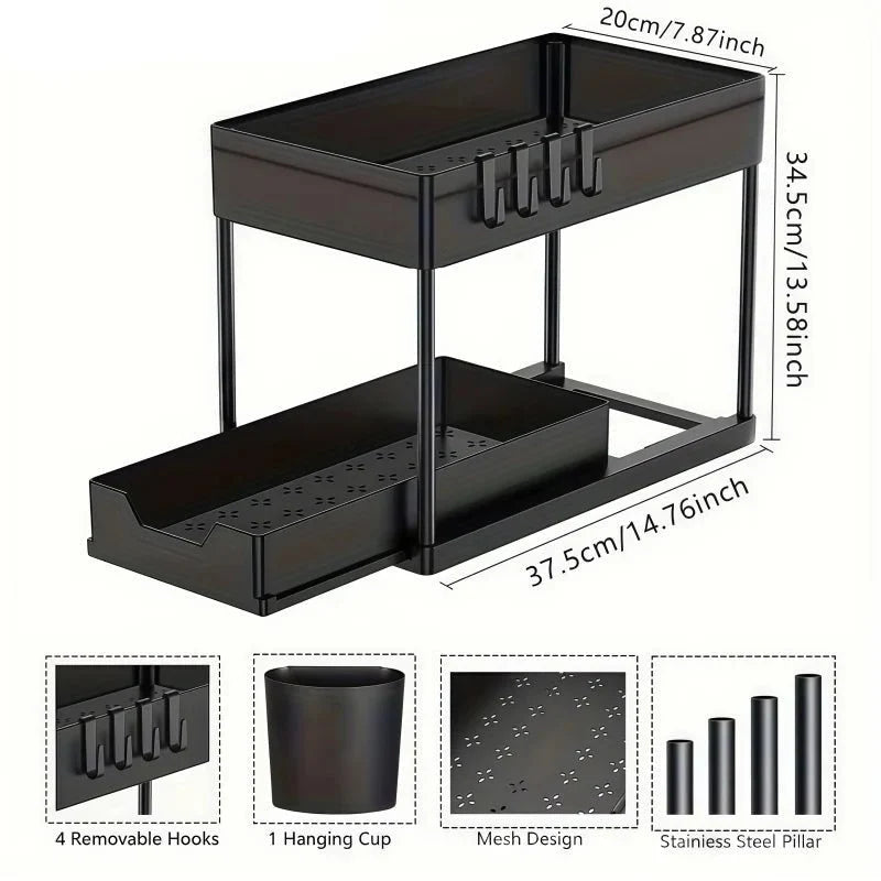 Bathroom Storage Under Sink Organiser, 2 Tier Storage Shelf with Hanging Cup – image 6