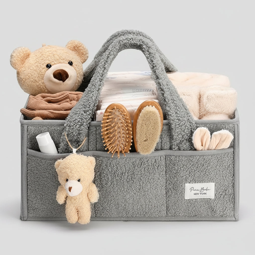 Plush Sherpa Diaper Caddy Organizer with Adjustable Dividers | Versatile Baby Storage Solution for Easy Nursery Organization