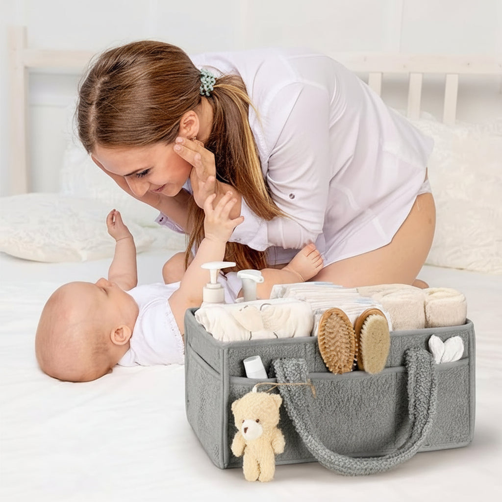 Plush Sherpa Diaper Caddy Organizer with Adjustable Dividers | Versatile Baby Storage Solution for Easy Nursery Organization