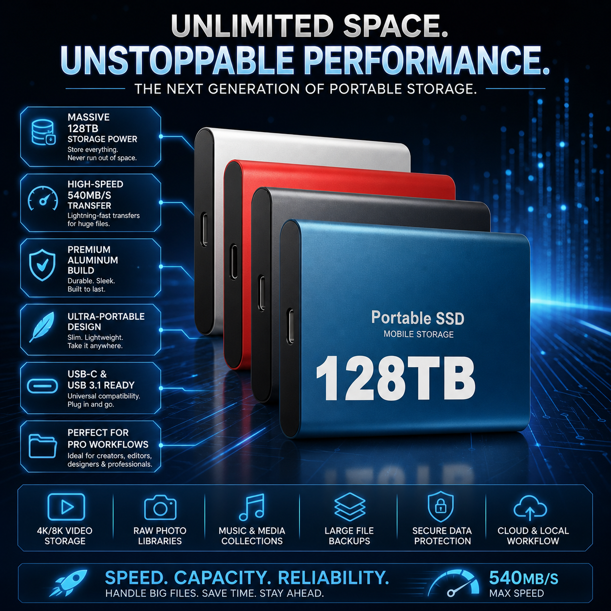 Portable SSD External Hard Drive with 128TB Capacity | High-Speed USB for Effortless Data Storage 3