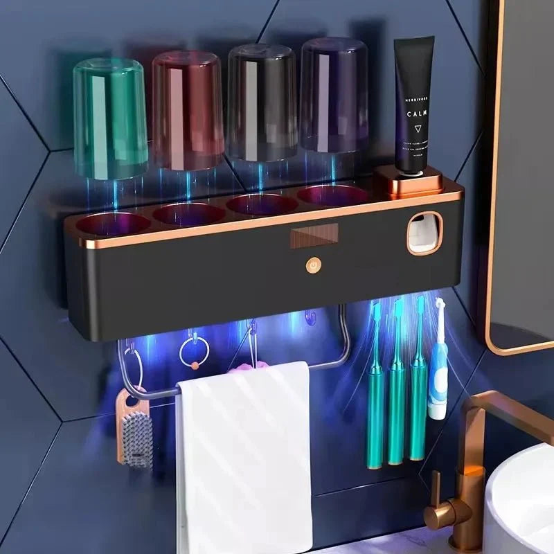 Bathroom Organiser, Wall Mounted Toothbrush Holder with Automatic Toothpaste Dispenser, UV Holder for Bathroom Storage