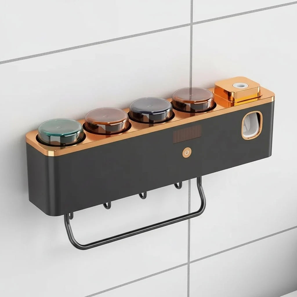 Bathroom Organiser, Wall Mounted Toothbrush Holder with Automatic Toothpaste Dispenser, UV Holder for Bathroom Storage