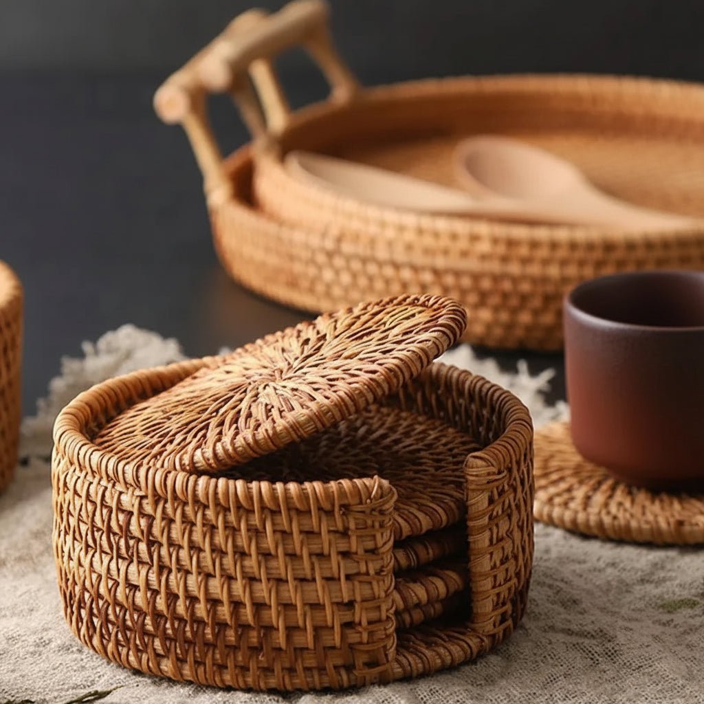 Rattan Coasters Set of 6, Round Woven Coasters for Drinks 8 cm, Non Slip Drink Coasters for Table Decor_00