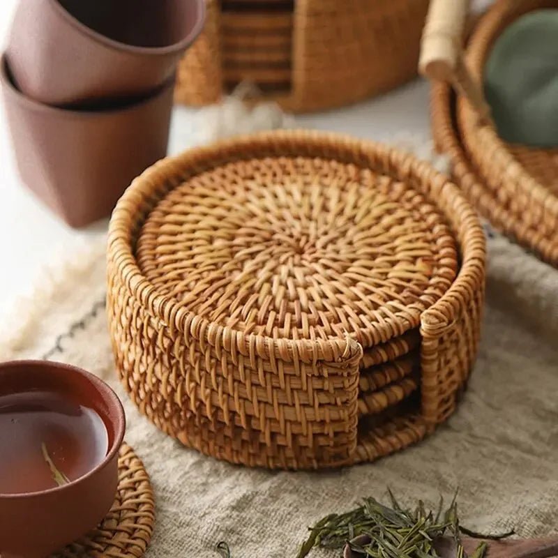 Drink Coasters, Woven Rattan Drink Coaster Set 8 cm, Heat Resistant Cup Coasters for Table Indoor and Outdoor_02