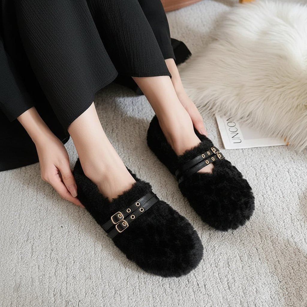 Womens Loafers in Wool and Fur, Slip On Shoes with Double Rivets, Winter Shoes Women for Casual Wear_06