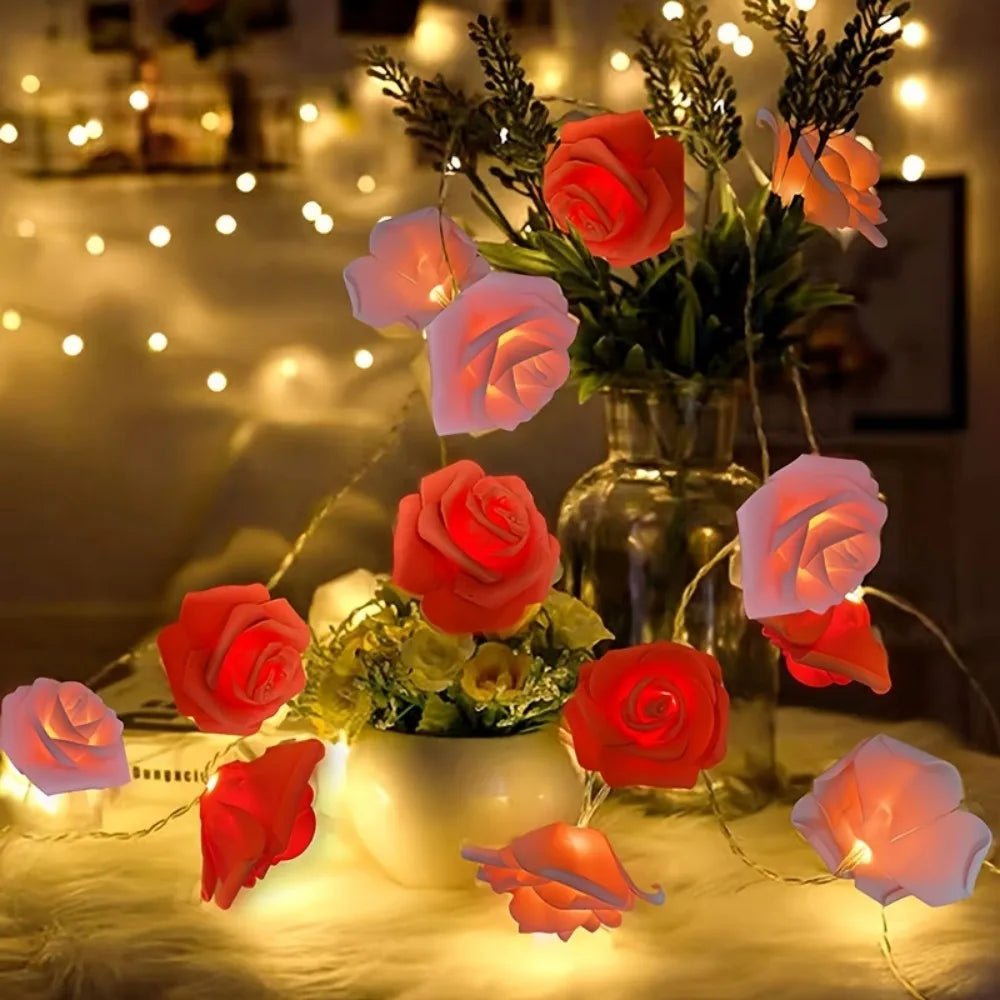 Battery Fairy Lights with Roses, Warm White Flower String Lights, Bedroom Fairy Lights, Valentines Day Decorations_02