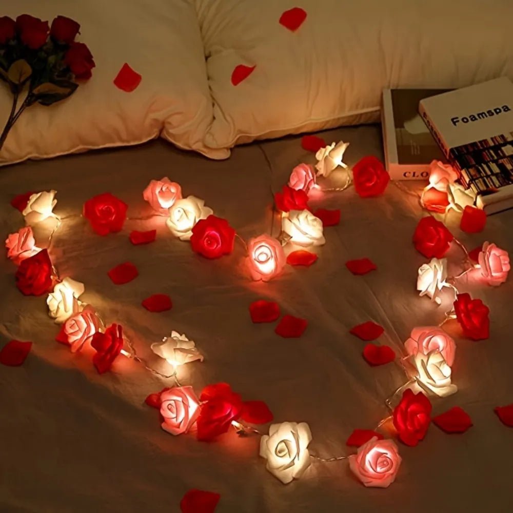 Battery Fairy Lights with Roses, Warm White Flower String Lights, Bedroom Fairy Lights, Valentines Day Decorations_05