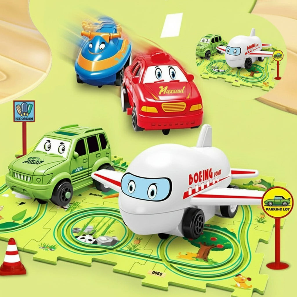 Race Track Puzzle Set for Kids with Battery Vehicle, Toy Car Track with Traffic Signs and Cones, Educational Toys