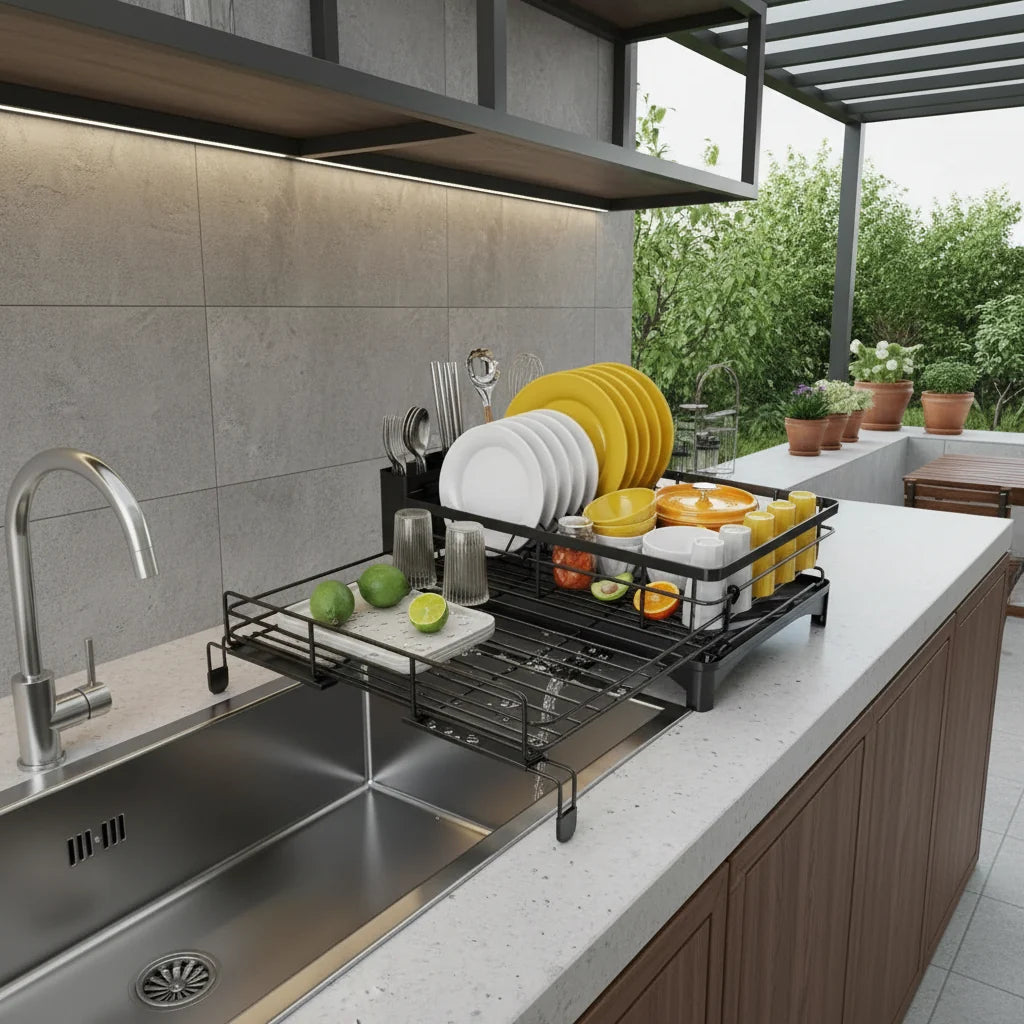 Dish Drainer with Drip Tray, Dish Drying Rack for Plates and Cutlery, Sink Drainer for Kitchen Countertop_05