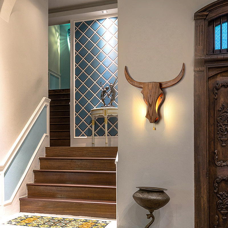 RusticAura | Bold Wooden Bull Head Wall Sconce Light Fixture 1