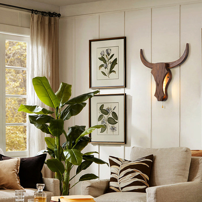 RusticAura | Bold Wooden Bull Head Wall Sconce Light Fixture 3