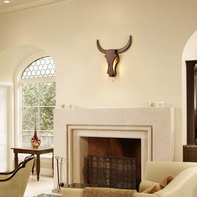 RusticAura | Bold Wooden Bull Head Wall Sconce Light Fixture 4