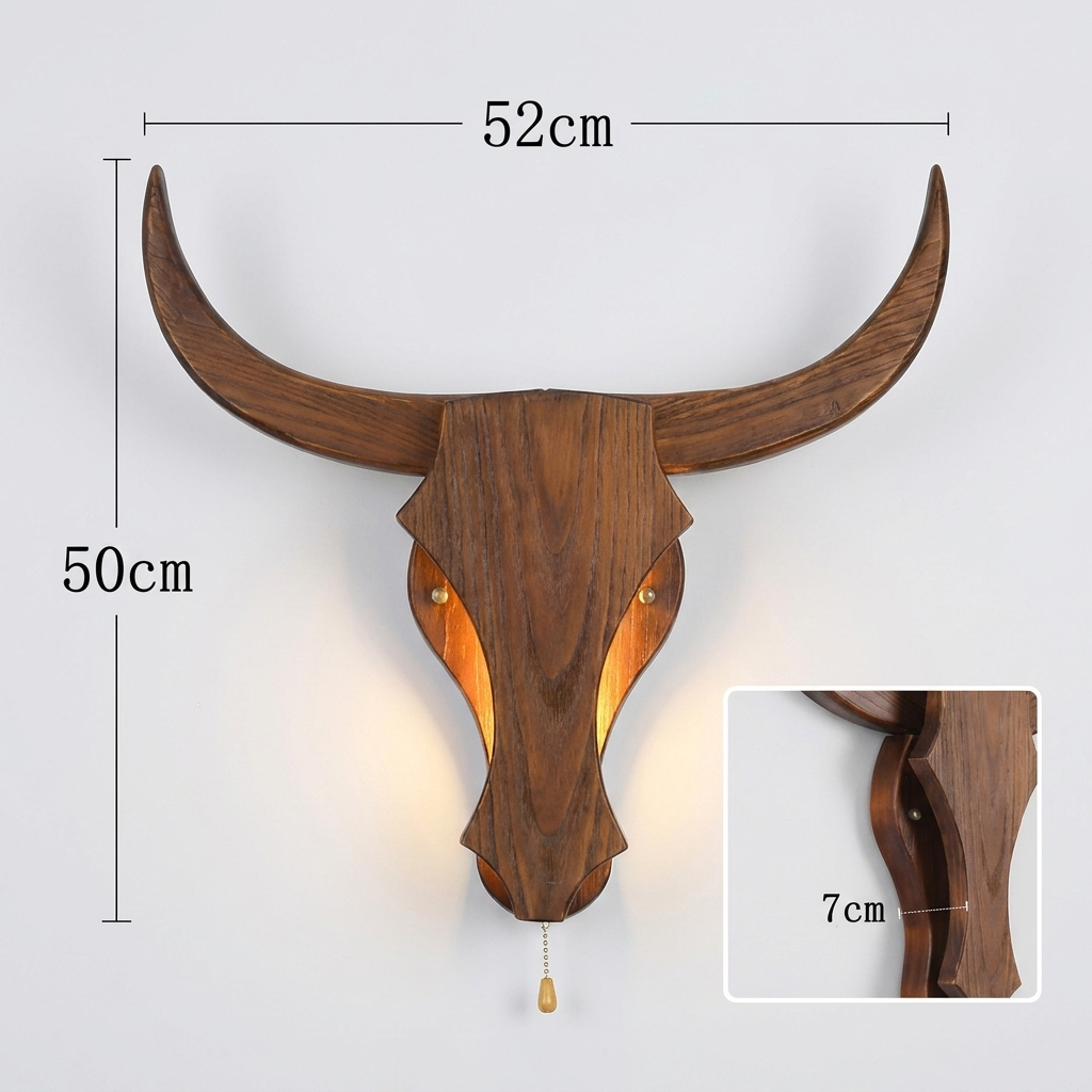 RusticAura | Bold Wooden Bull Head Wall Sconce Light Fixture 5