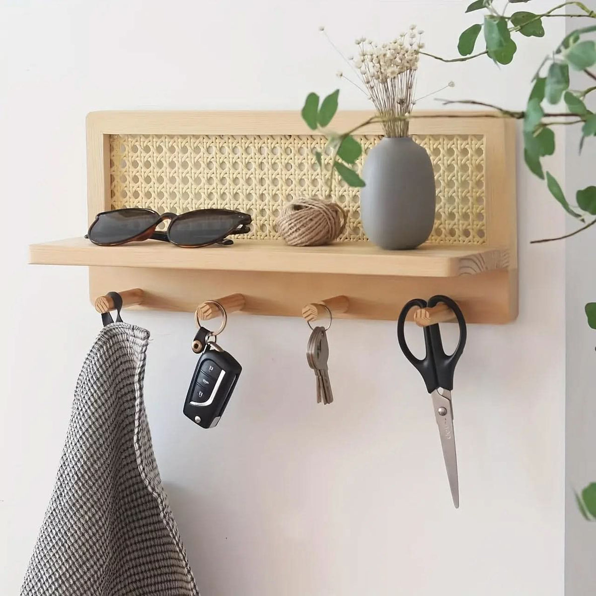 Wall Shelf with Hooks, Wooden Shelf for Keys and Bags, Key Holder for Wall with 4 Hooks, Wall Mounted Display Shelf