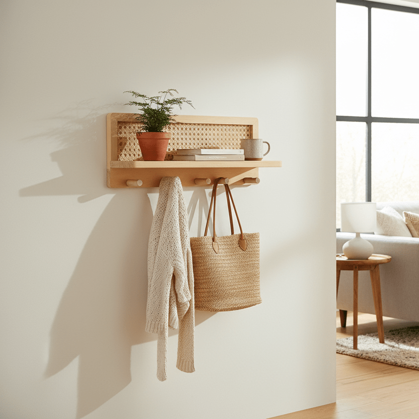 Wall Shelf with Hooks, Wooden Shelf for Keys and Bags, Key Holder for Wall with 4 Hooks, Wall Mounted Display Shelf