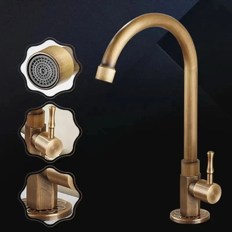 Antique Brass Kitchen Tap, Swan Neck Kitchen Sink Tap, Bathroom Tap, Single Hole Faucet for Kitchen and Bathroom_03