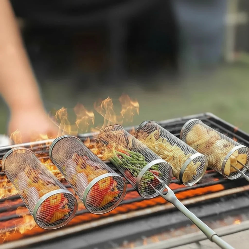 BBQ Grill Basket, Rotating Grilling Basket for Vegetables and Fish, Stainless Steel BBQ Accessories, Barbecue Tools_01
