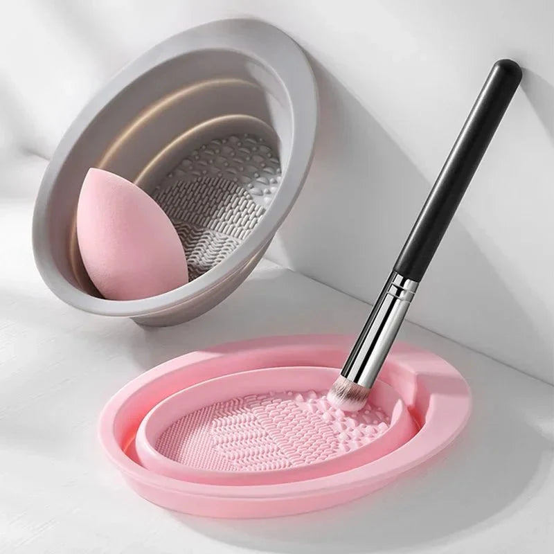 Silicone Makeup Brush Cleaner, Silicone Mat with Cleaning Bowl, Silicone Scrubber for Makeup Brushes and Sponges