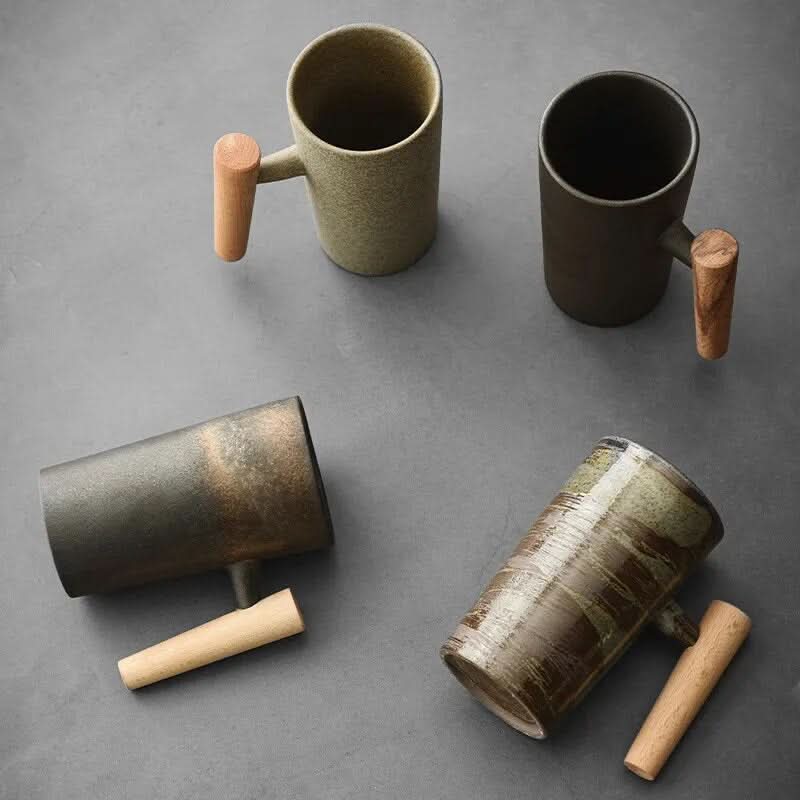 Coffee Cups, Handmade Ceramic Coffee Mug with Wood Handle, Cappuccino Cup, Latte Cup in Nordic Design_03