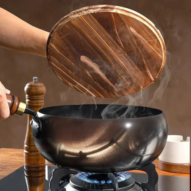 Wrought Iron Frying Pan, Deep Frying Pans with Wooden Handle, Hand Forged Uncoated Iron Pan, 24/28 cm_02