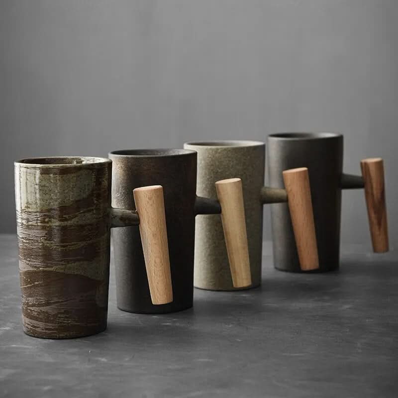 Coffee Cups, Handmade Ceramic Coffee Mug with Wood Handle, Cappuccino Cup, Latte Cup in Nordic Design