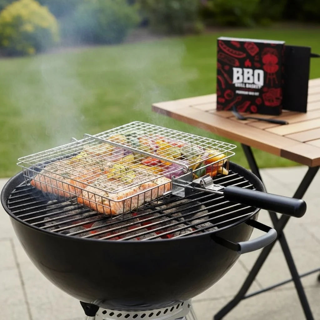 BBQ Grill Basket in Stainless Steel, Fish Grill Basket for Vegetables, Portable Barbecue Basket, BBQ Accessories