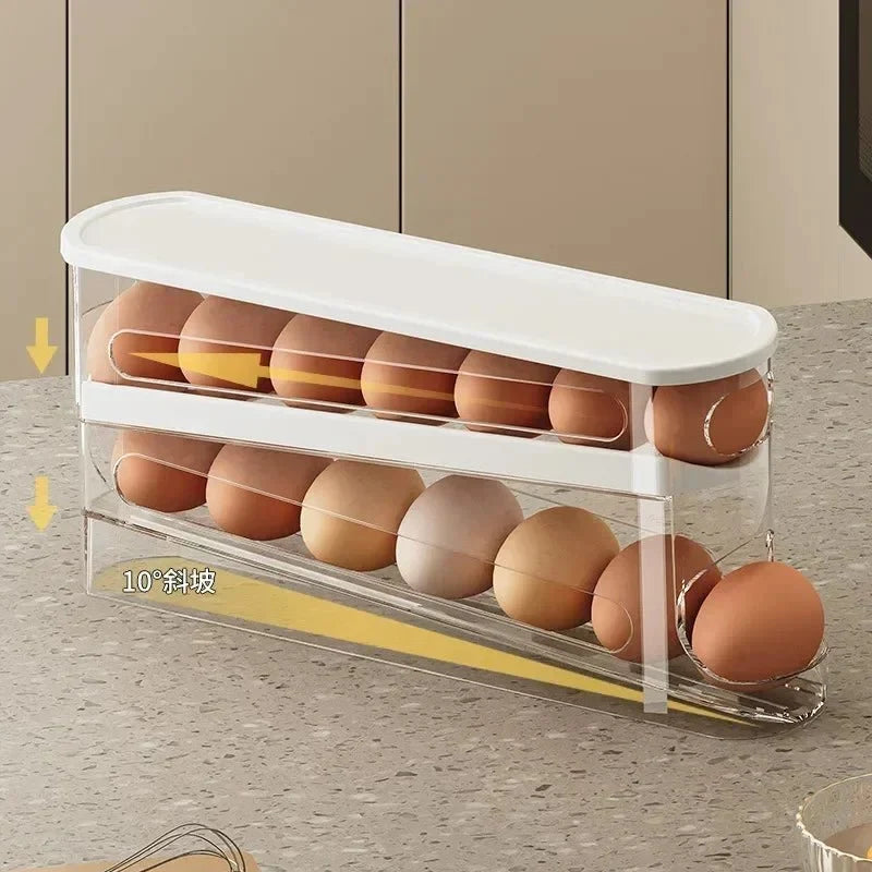 Egg Holders for Fridge, 2 Tier Automatic Rolling Egg Dispenser, Clear Egg Storage Fridge Organiser for Kitchen Storage_03